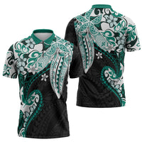 Monstera Plumeria Flowers Teal Zipper Polo Shirt Polynesian Pattern