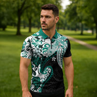 Monstera Plumeria Flowers Teal Zipper Polo Shirt Polynesian Pattern