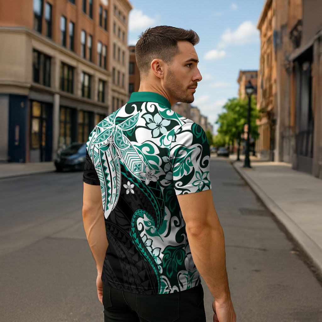 Monstera Plumeria Flowers Teal Zipper Polo Shirt Polynesian Pattern