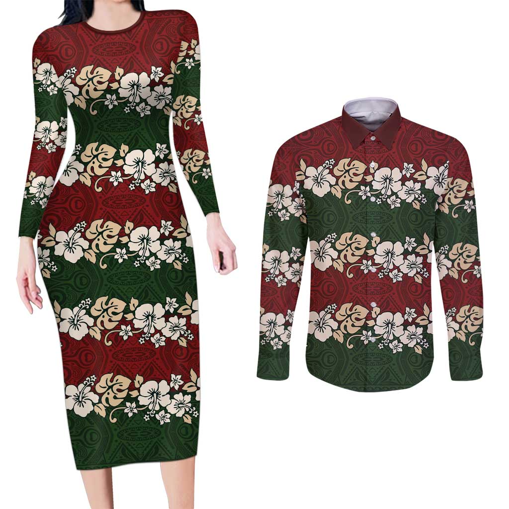 Hawaiian Hibiscus Christmas Color Couples Matching Long Sleeve Bodycon Dress and Long Sleeve Button Shirt Unique