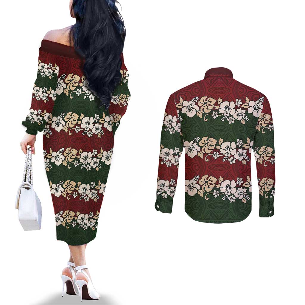 Hawaiian Hibiscus Christmas Color Couples Matching Off The Shoulder Long Sleeve Dress and Long Sleeve Button Shirt Unique