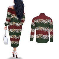 Hawaiian Hibiscus Christmas Color Couples Matching Off The Shoulder Long Sleeve Dress and Long Sleeve Button Shirt Unique