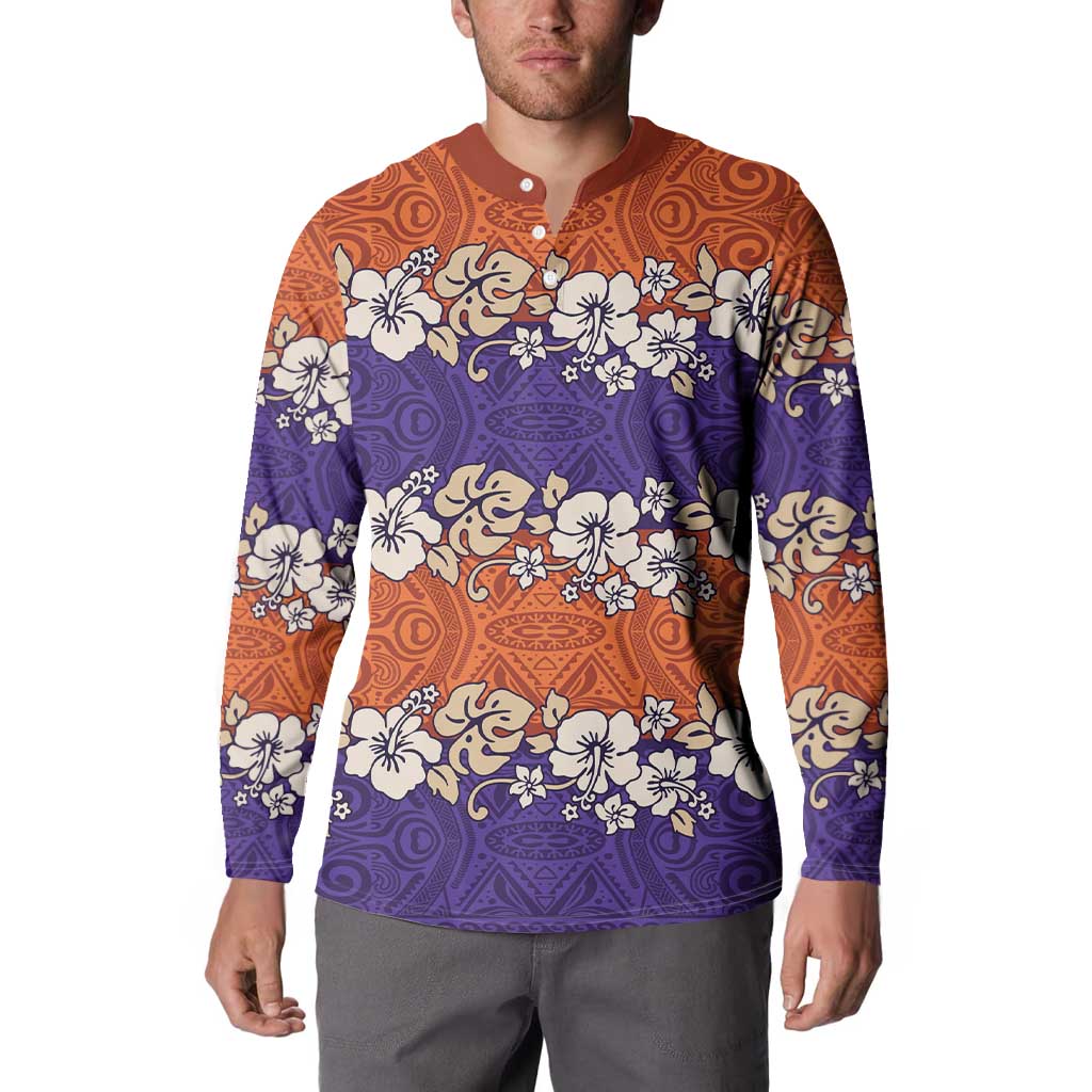 Hawaiian Hibiscus Button Sweatshirt Orange and Purple Unique