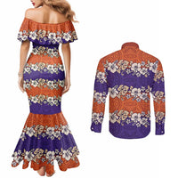Hawaiian Hibiscus Couples Matching Mermaid Dress and Long Sleeve Button Shirt Orange and Purple Unique