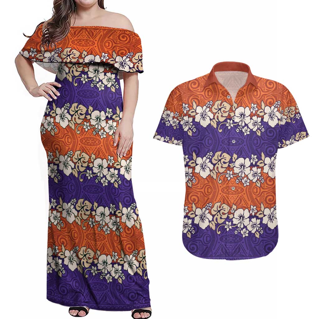 Hawaiian Hibiscus Couples Matching Off Shoulder Maxi Dress and Hawaiian Shirt Orange and Purple Unique