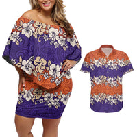 Hawaiian Hibiscus Couples Matching Off Shoulder Short Dress and Hawaiian Shirt Orange and Purple Unique