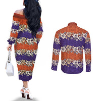 Hawaiian Hibiscus Couples Matching Off The Shoulder Long Sleeve Dress and Long Sleeve Button Shirt Orange and Purple Unique
