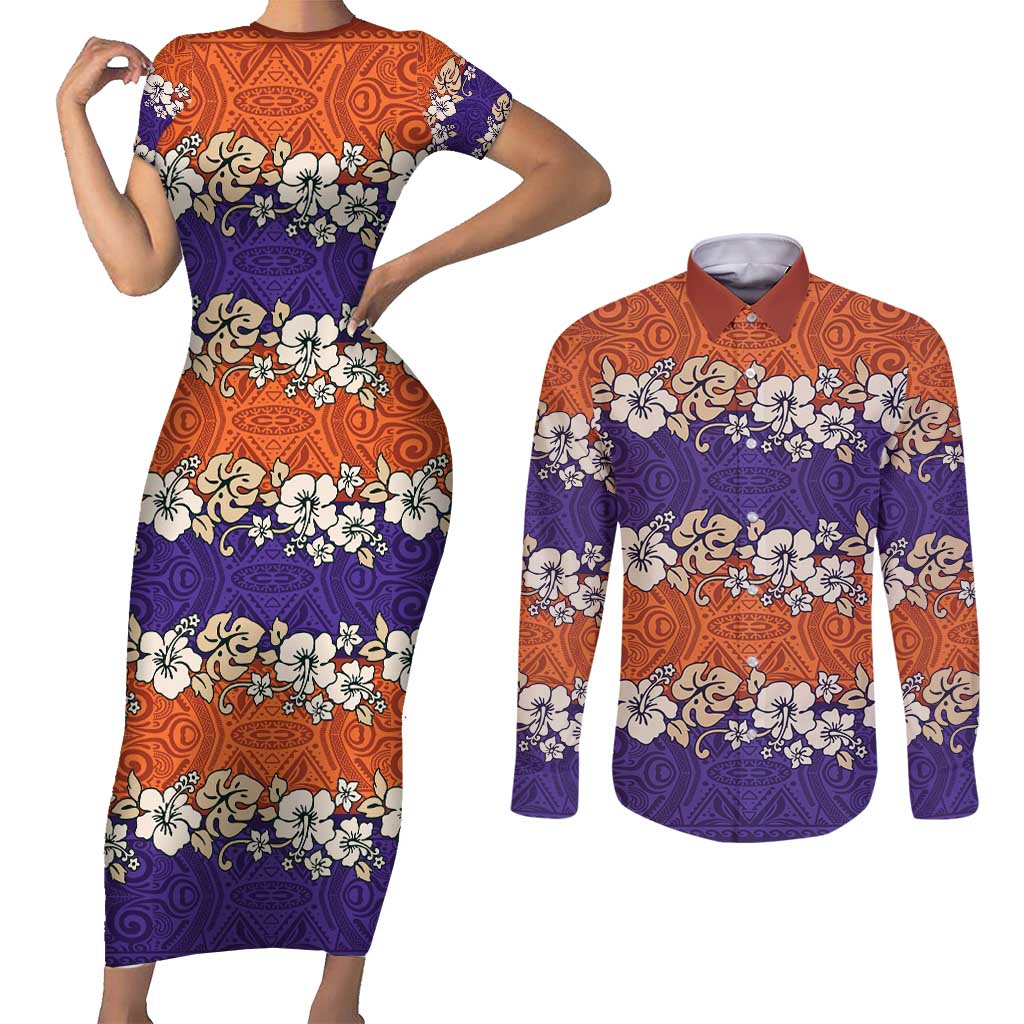 Hawaiian Hibiscus Couples Matching Short Sleeve Bodycon Dress and Long Sleeve Button Shirt Orange and Purple Unique