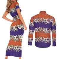 Hawaiian Hibiscus Couples Matching Short Sleeve Bodycon Dress and Long Sleeve Button Shirt Orange and Purple Unique
