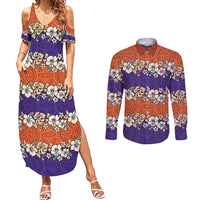 Hawaiian Hibiscus Couples Matching Summer Maxi Dress and Long Sleeve Button Shirt Orange and Purple Unique