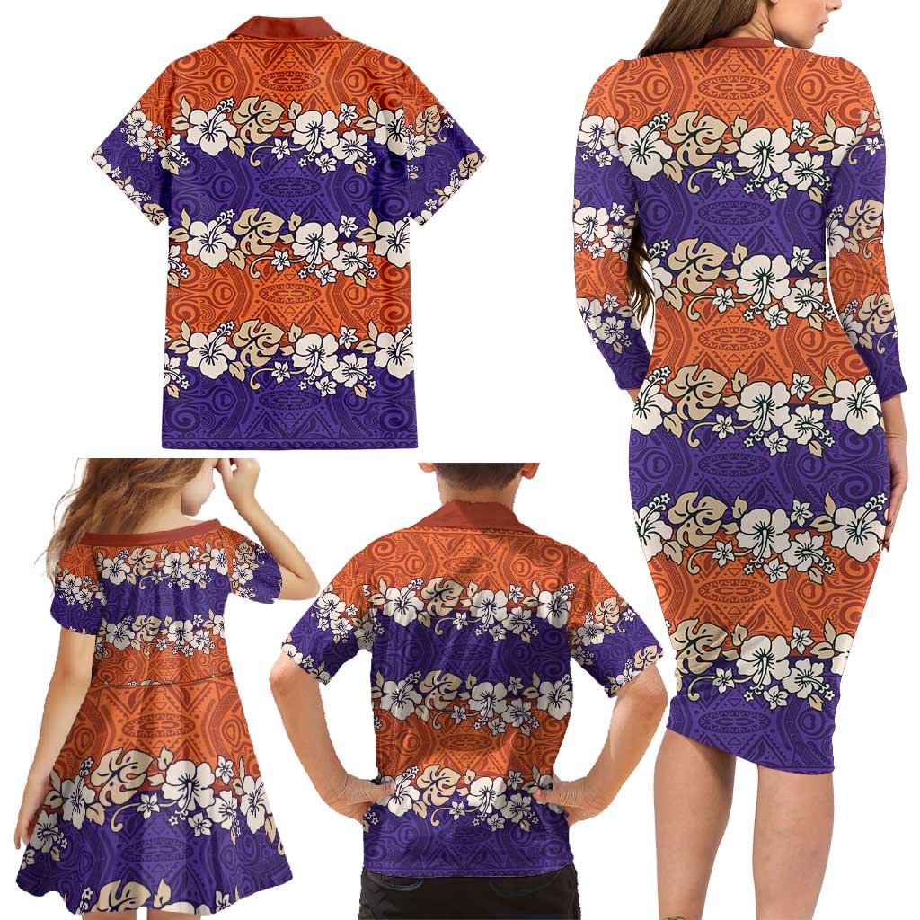 Hawaiian Hibiscus Family Matching Long Sleeve Bodycon Dress and Hawaiian Shirt Orange and Purple Unique LT01 - Polynesian Pride