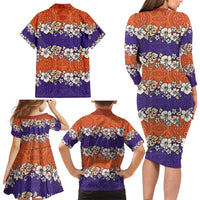 Hawaiian Hibiscus Family Matching Long Sleeve Bodycon Dress and Hawaiian Shirt Orange and Purple Unique LT01 - Polynesian Pride