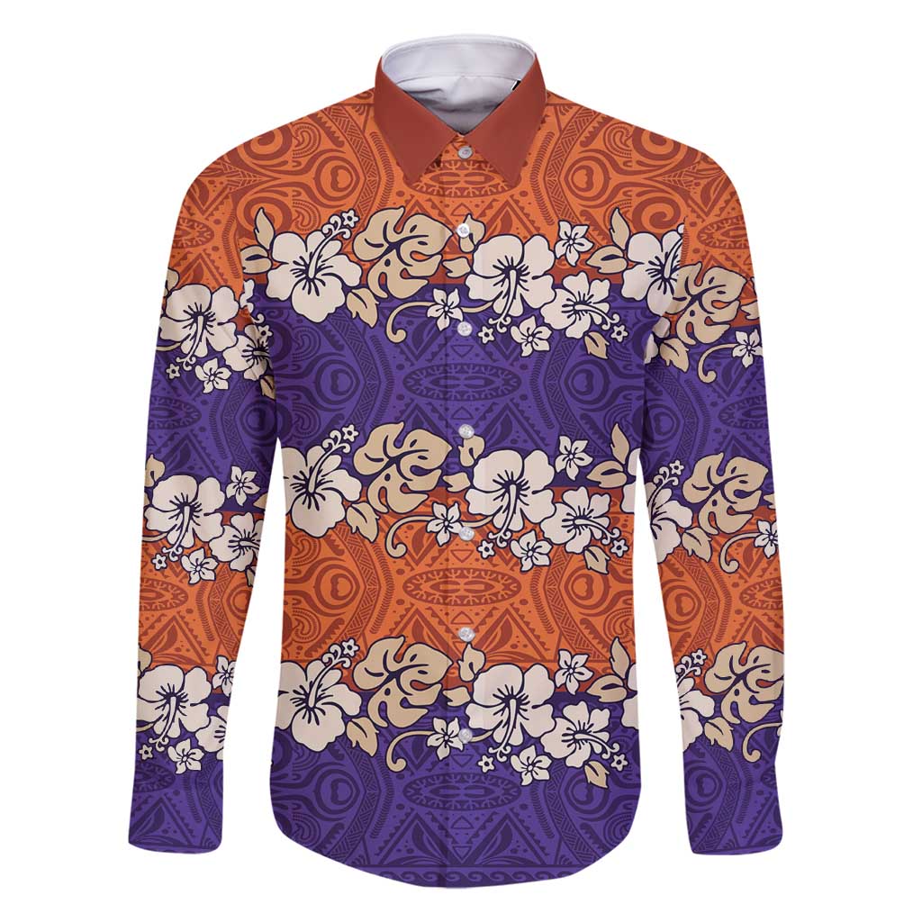 Hawaiian Hibiscus Family Matching Long Sleeve Bodycon Dress and Hawaiian Shirt Orange and Purple Unique LT01 Dad's Shirt - Long Sleeve Orange - Polynesian Pride