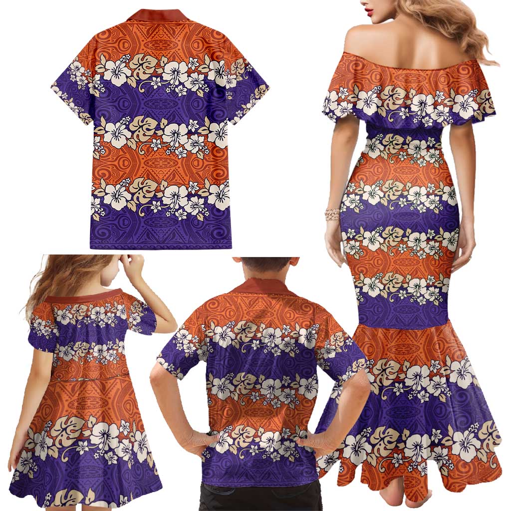 Hawaiian Hibiscus Family Matching Mermaid Dress and Hawaiian Shirt Orange and Purple Unique