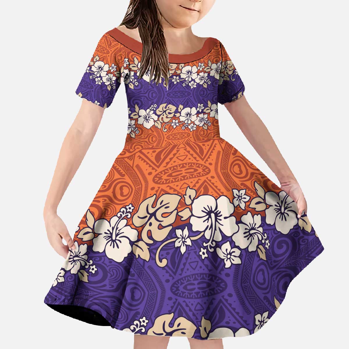 Hawaiian Hibiscus Family Matching Off The Shoulder Long Sleeve Dress and Hawaiian Shirt Orange and Purple Unique LT01 Daughter's Dress Orange - Polynesian Pride