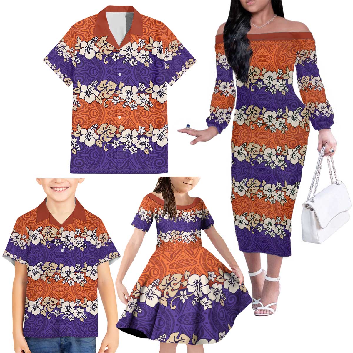 Hawaiian Hibiscus Family Matching Off The Shoulder Long Sleeve Dress and Hawaiian Shirt Orange and Purple Unique LT01 - Polynesian Pride