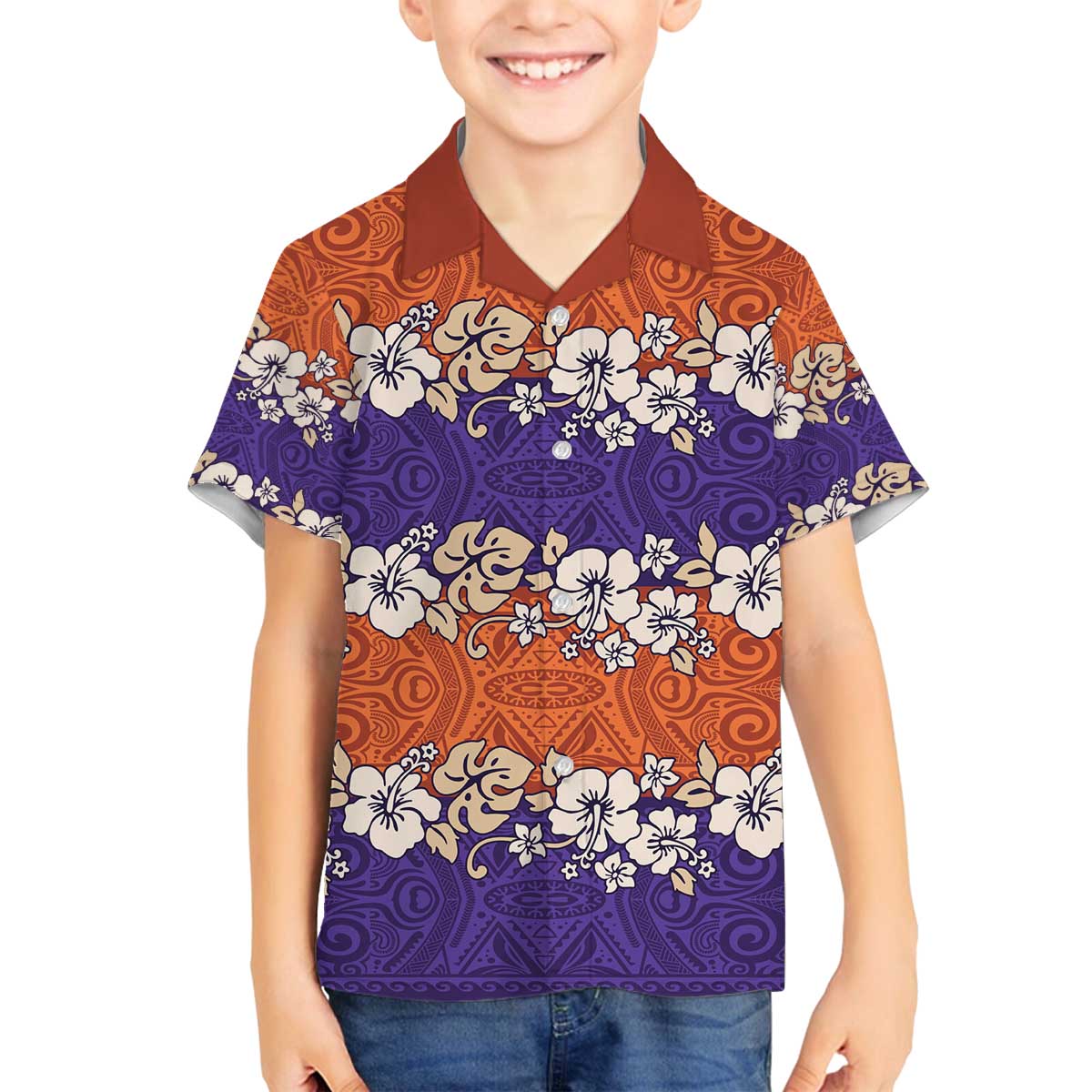 Hawaiian Hibiscus Family Matching Off The Shoulder Long Sleeve Dress and Hawaiian Shirt Orange and Purple Unique LT01 Son's Shirt Orange - Polynesian Pride
