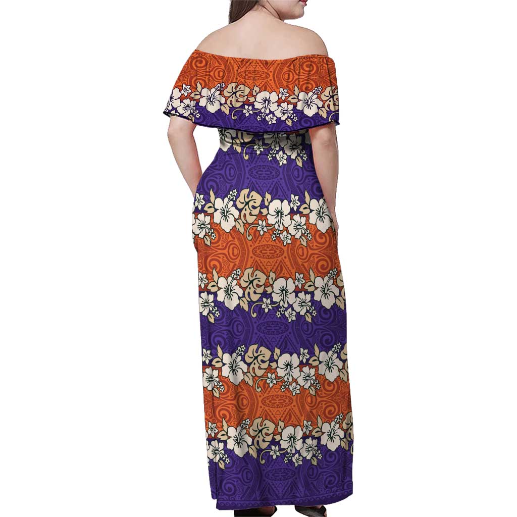 Hawaiian Hibiscus Family Matching Off Shoulder Maxi Dress and Hawaiian Shirt Orange and Purple Unique