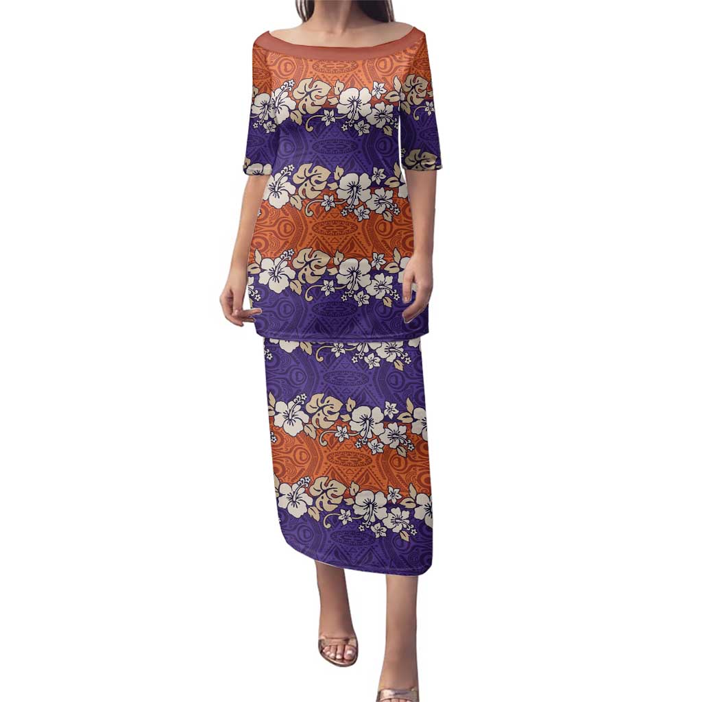 Hawaiian Hibiscus Family Matching Puletasi and Hawaiian Shirt Orange and Purple Unique LT01 Mom's Dress Orange - Polynesian Pride