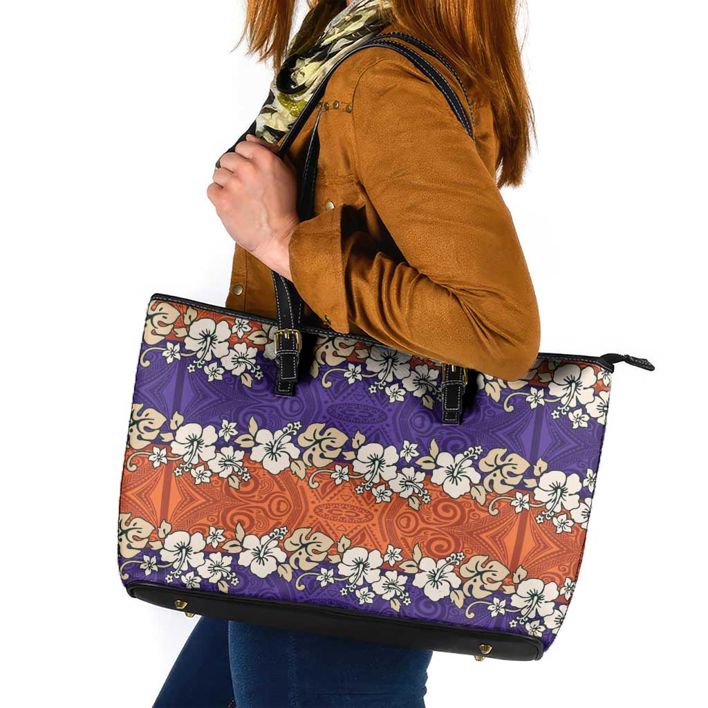 Hawaiian Hibiscus Leather Tote Bag Orange and Purple Unique