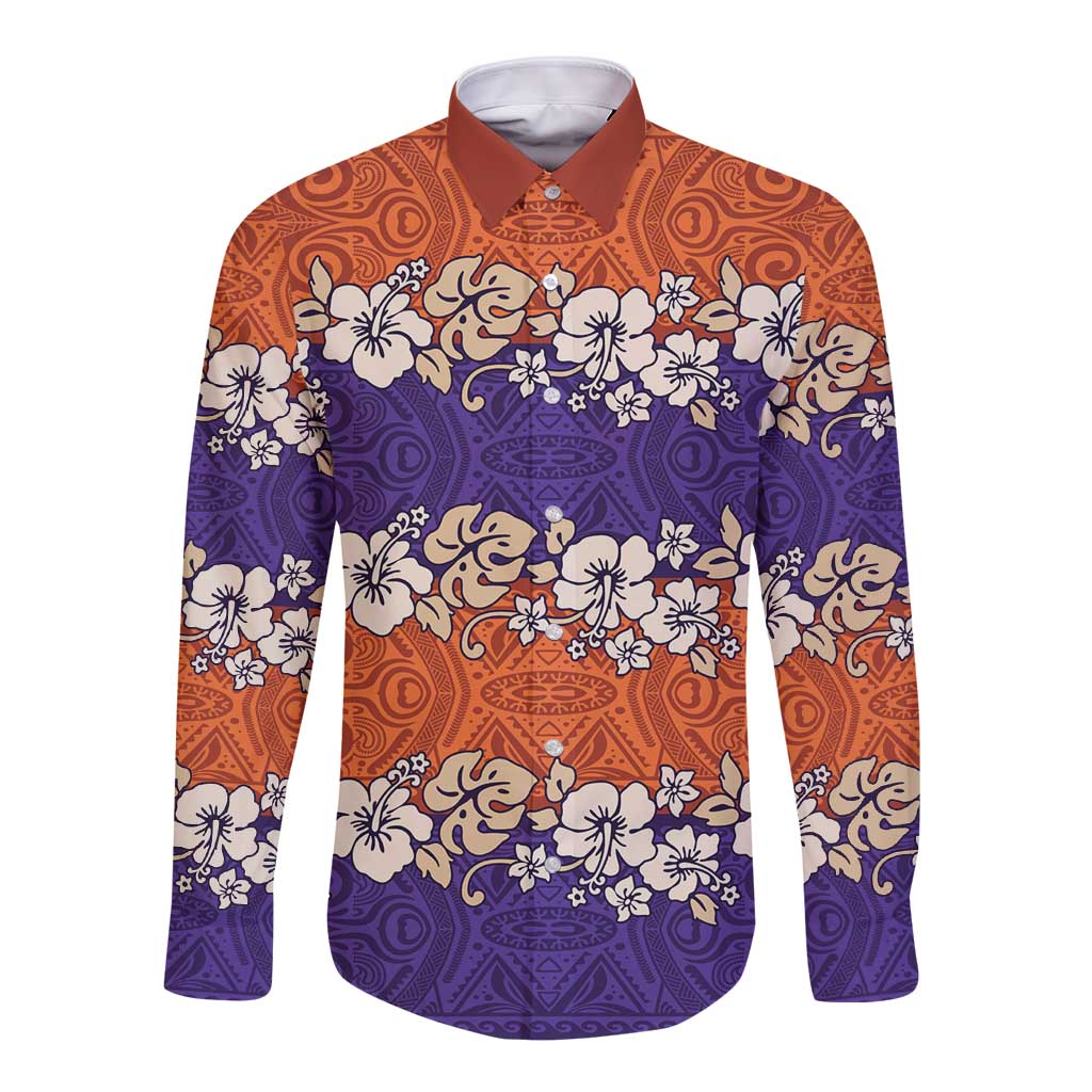 Hawaiian Hibiscus Long Sleeve Button Shirt Orange and Purple Unique