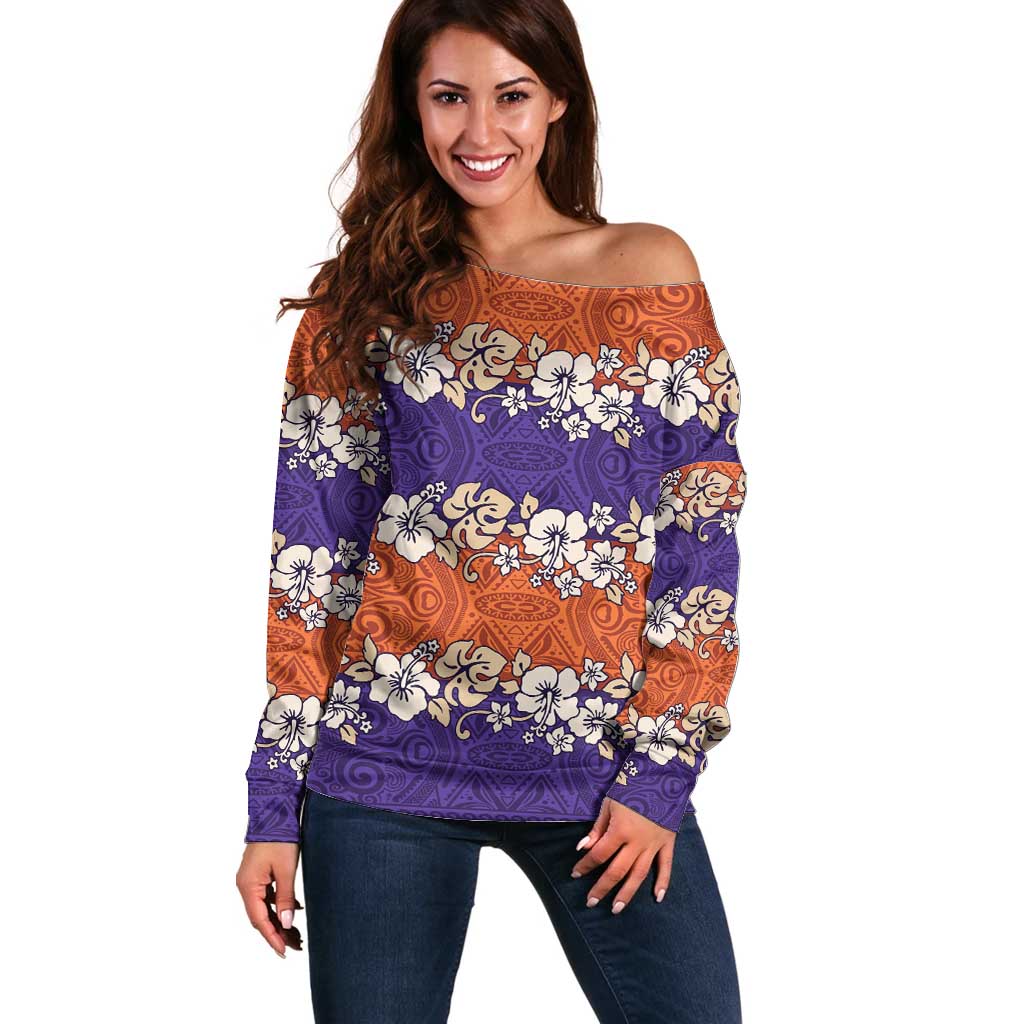 Hawaiian Hibiscus Off Shoulder Sweater Orange and Purple Unique