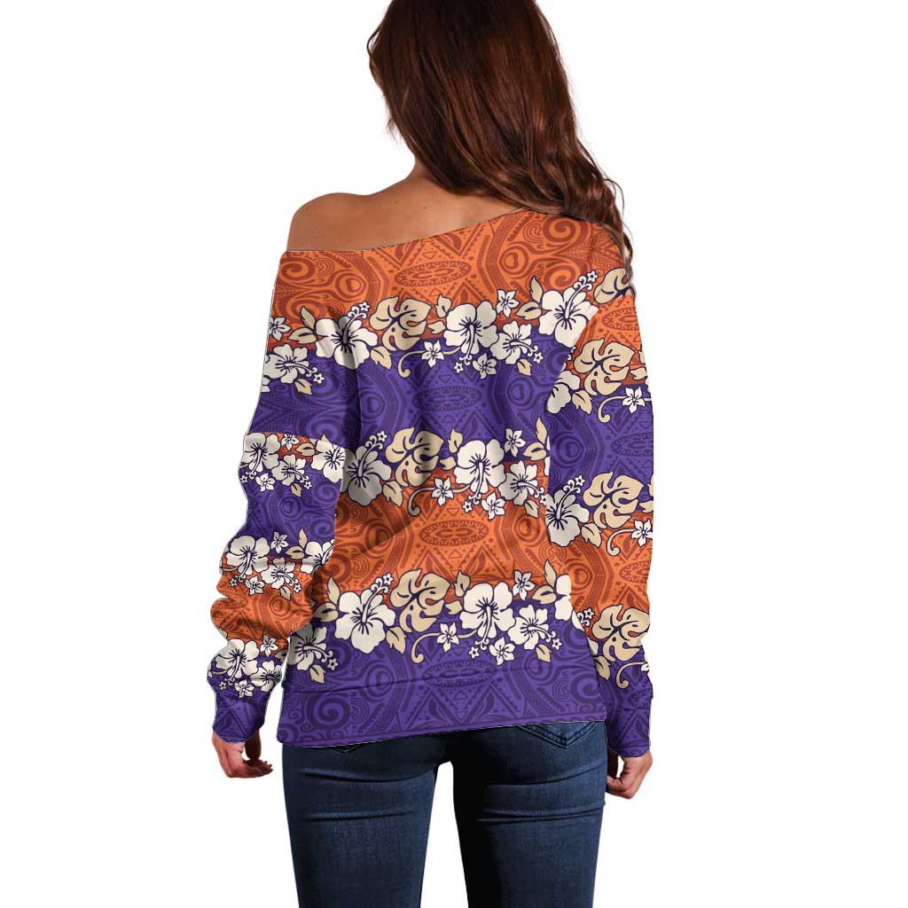 Hawaiian Hibiscus Off Shoulder Sweater Orange and Purple Unique