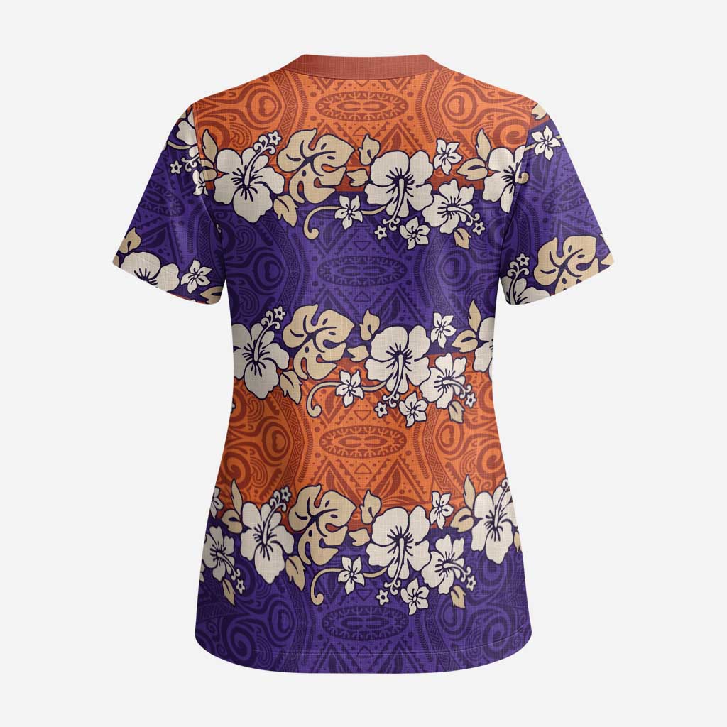 Hawaiian Hibiscus Scrub Top Orange and Purple Unique - Polynesian Pride