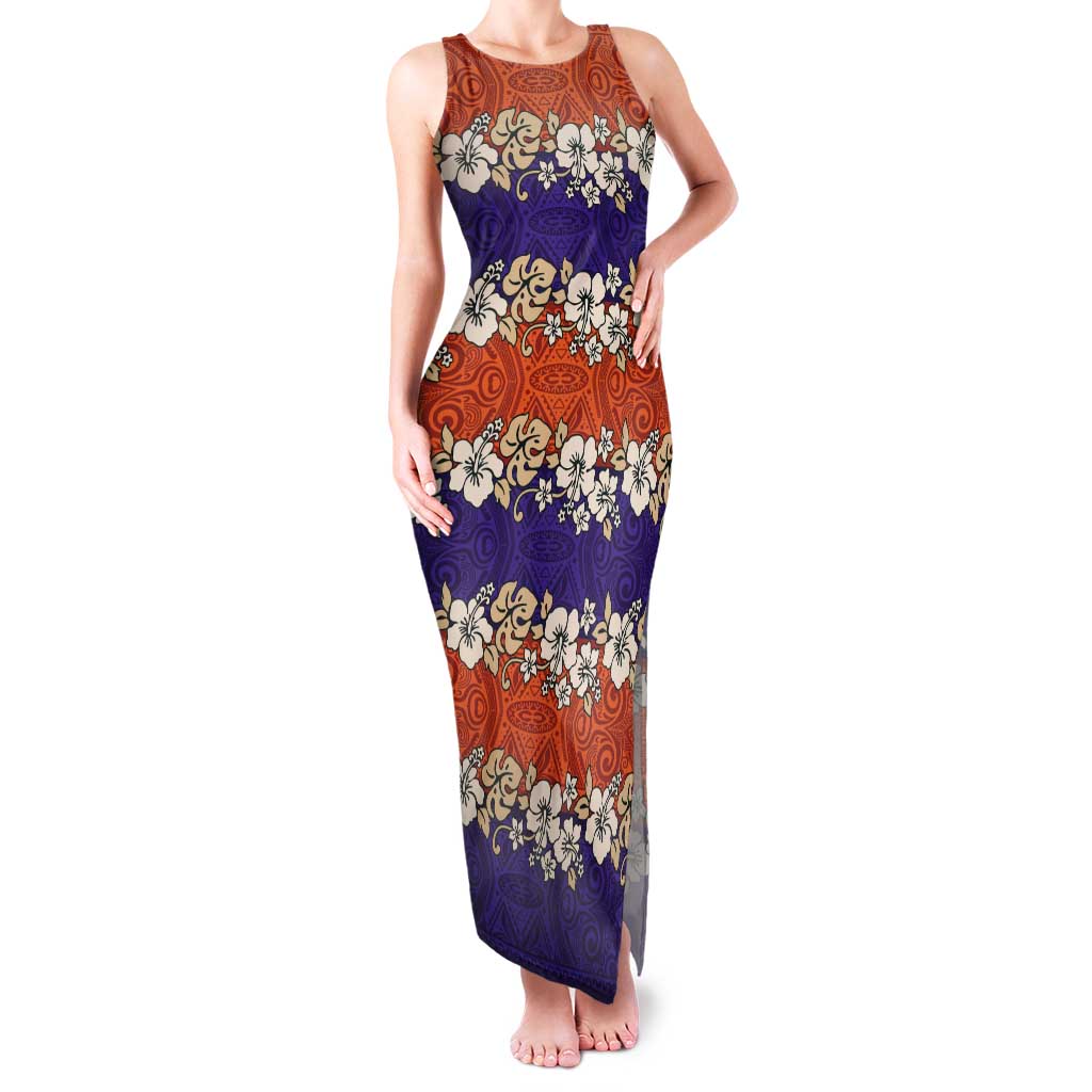 Hawaiian Hibiscus Tank Maxi Dress Orange and Purple Unique