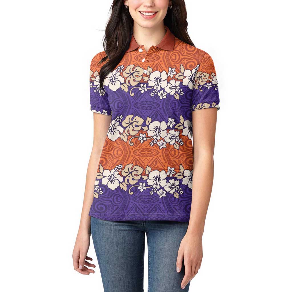 Hawaiian Hibiscus Women Polo Shirt Orange and Purple Unique
