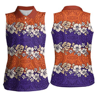 Hawaiian Hibiscus Women Sleeveless Polo Shirt Orange and Purple Unique