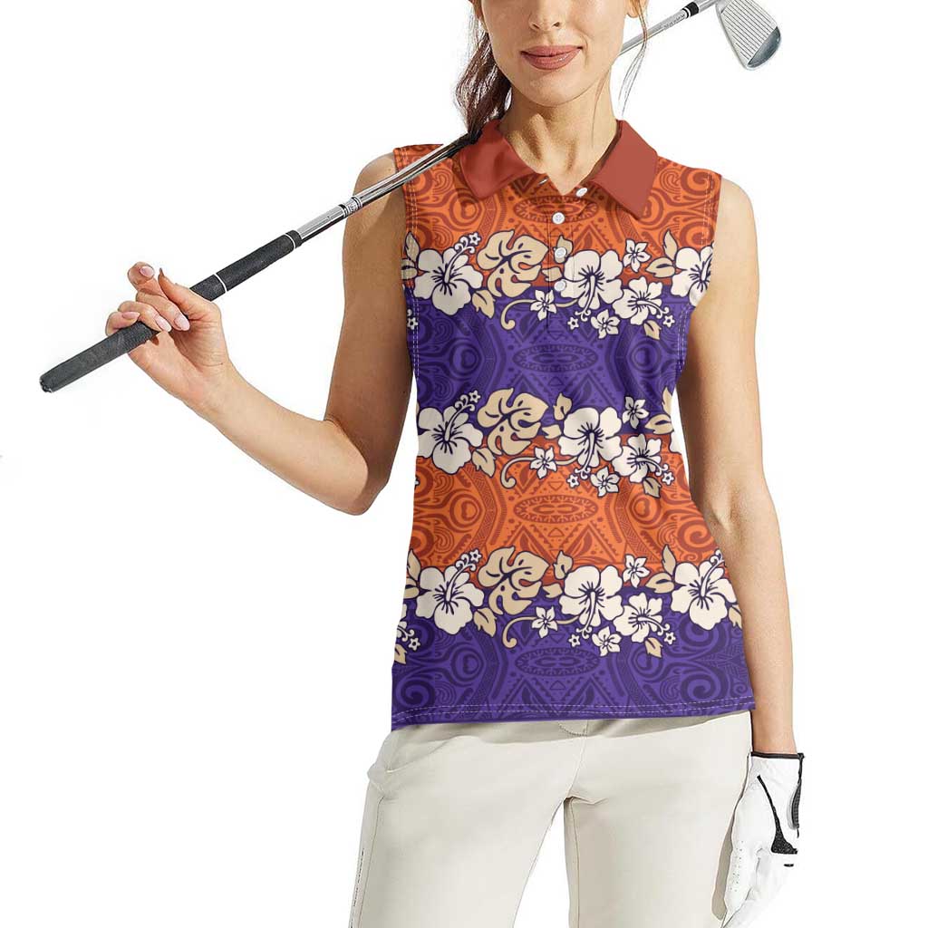 Hawaiian Hibiscus Women Sleeveless Polo Shirt Orange and Purple Unique
