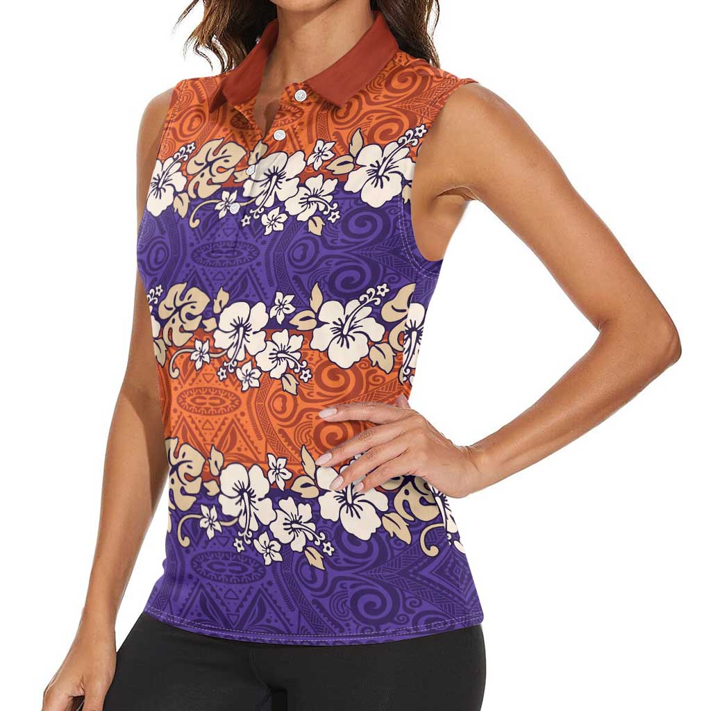 Hawaiian Hibiscus Women Sleeveless Polo Shirt Orange and Purple Unique