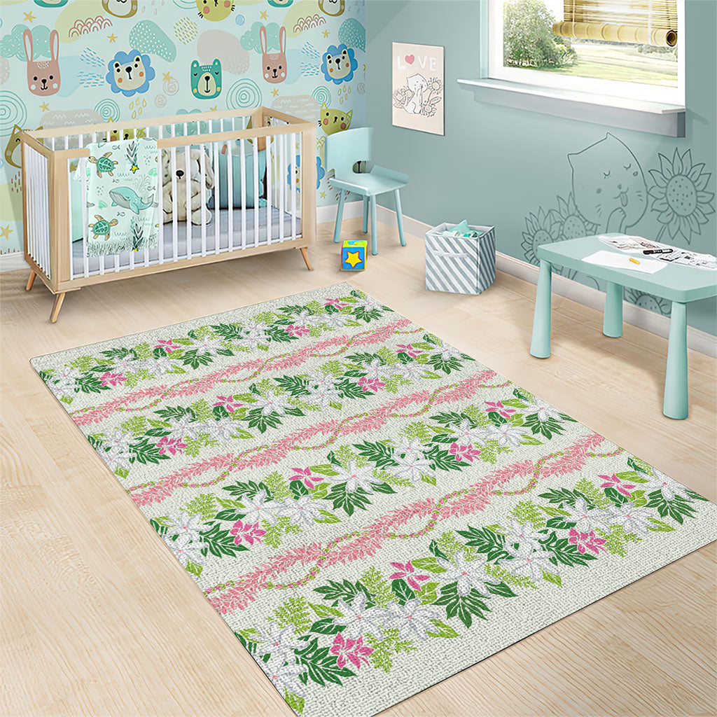 Monstera Tiare Plumeria Lei Pattern Area Rug Green Version