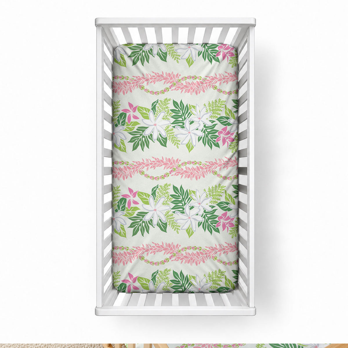 Monstera Tiare Plumeria Lei Pattern Baby Bed Cover Green Version
