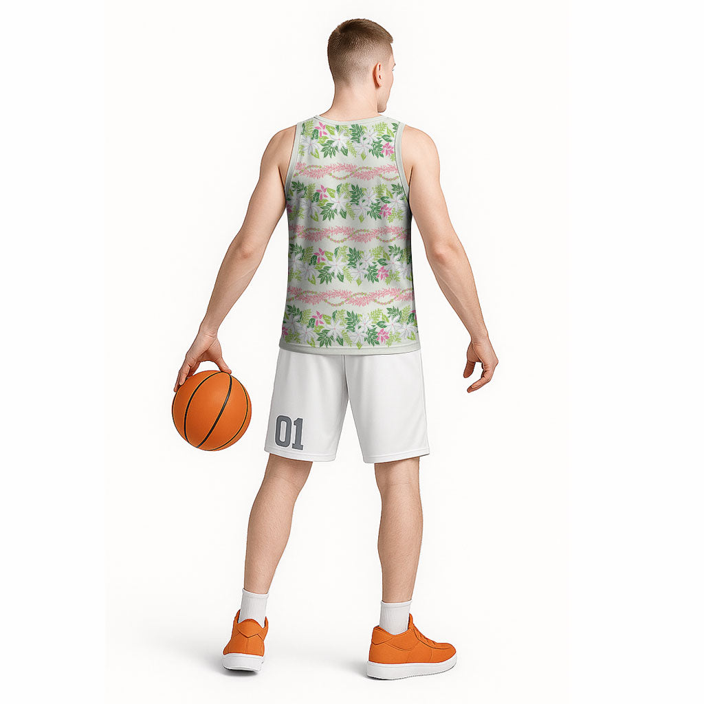 Monstera Tiare Plumeria Lei Pattern Basketball Jersey Green Version