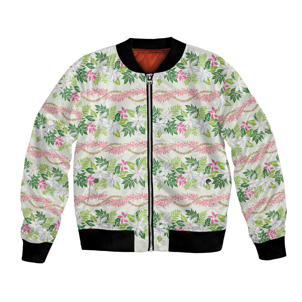 Monstera Tiare Plumeria Lei Pattern Bomber Jacket Green Version