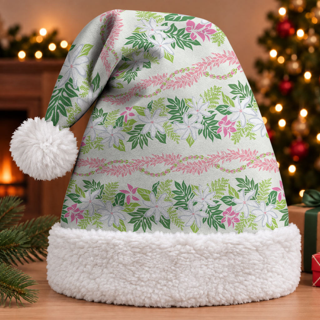 Monstera Tiare Plumeria Lei Pattern Christmas Santa Hat Green Version LT01 With Fur Green - Polynesian Pride