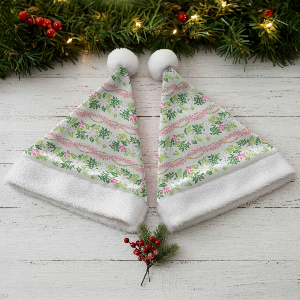 Monstera Tiare Plumeria Lei Pattern Christmas Santa Hat Green Version LT01 - Polynesian Pride