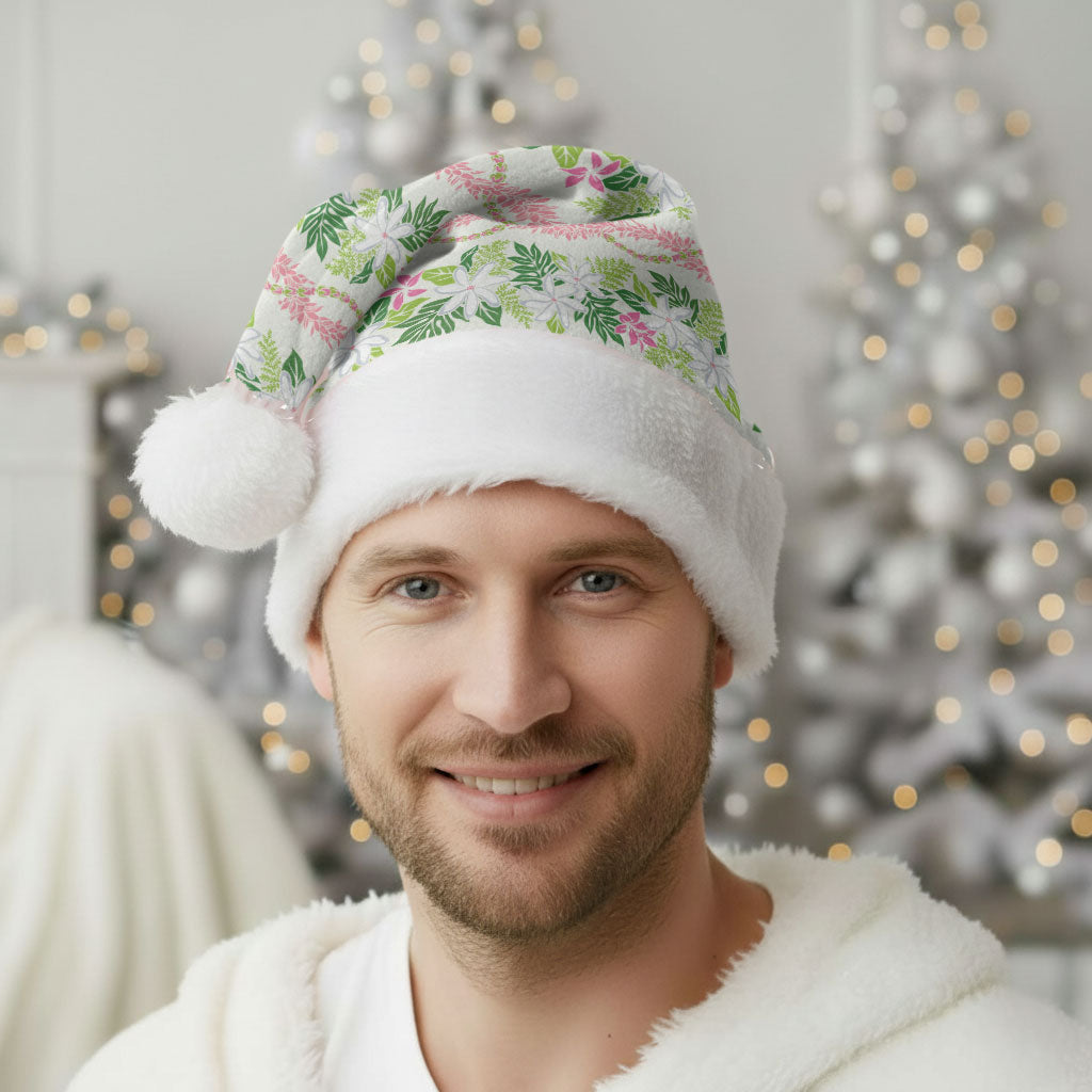 Monstera Tiare Plumeria Lei Pattern Christmas Santa Hat Green Version LT01 - Polynesian Pride