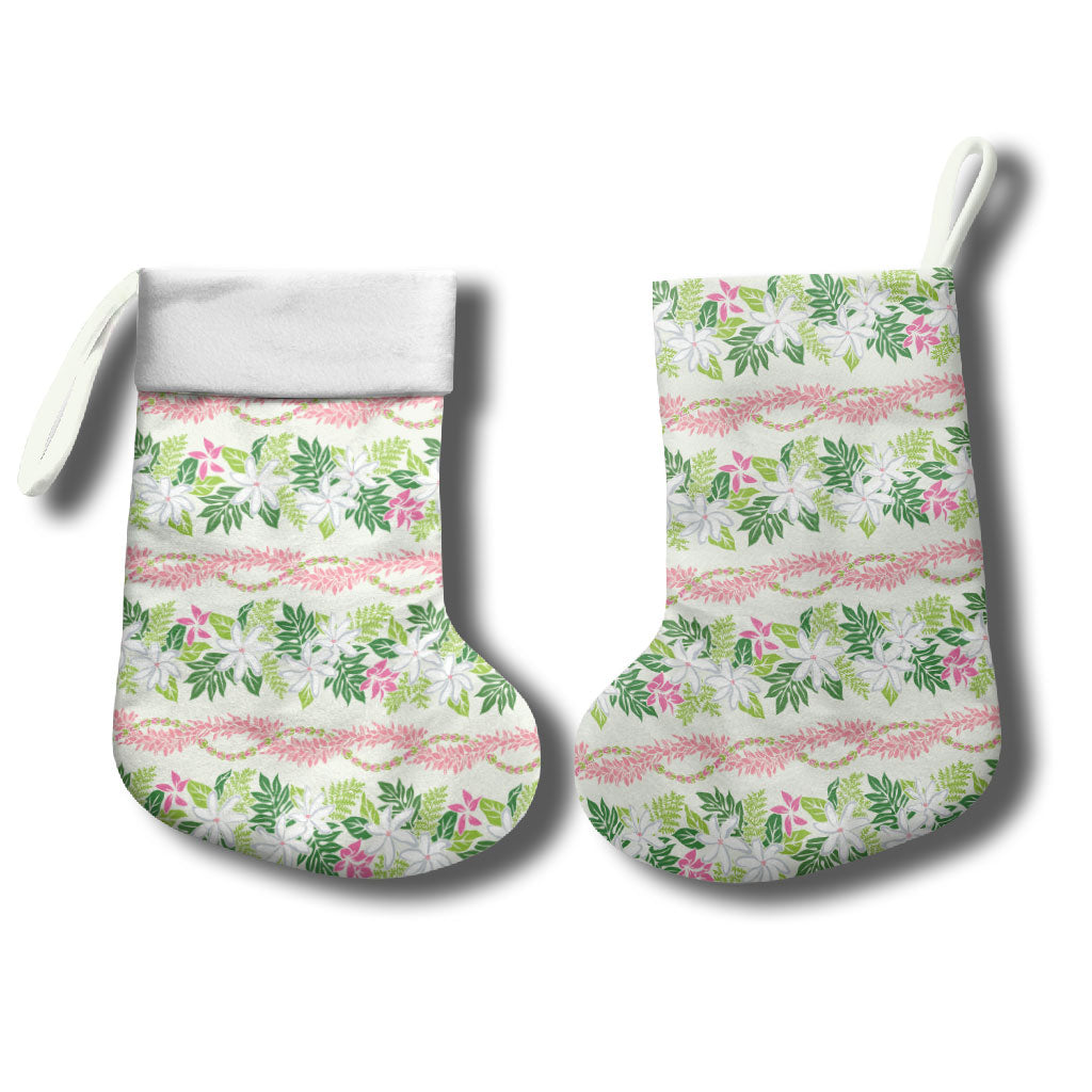 Monstera Tiare Plumeria Lei Pattern Christmas Stocking Green Version