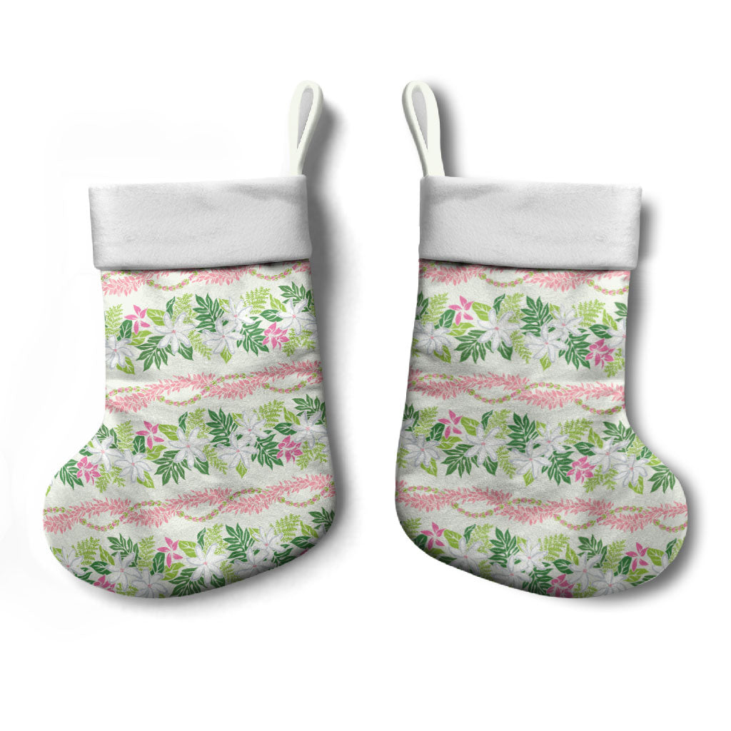 Monstera Tiare Plumeria Lei Pattern Christmas Stocking Green Version