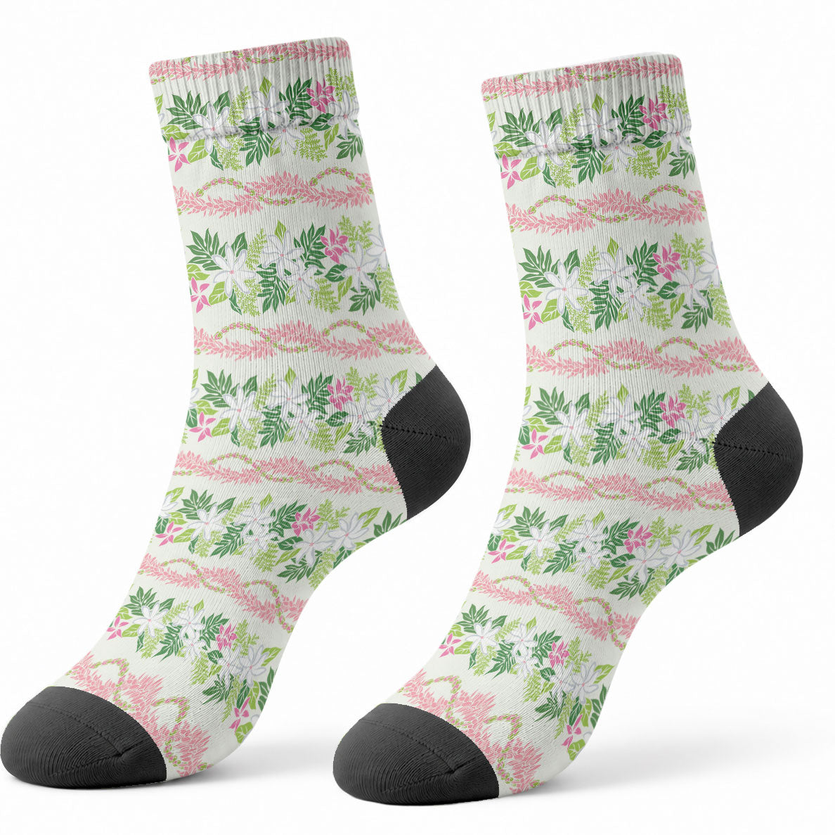 Monstera Tiare Plumeria Lei Pattern Crew Socks Green Version