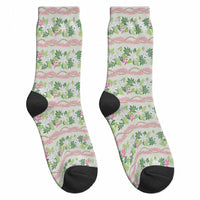 Monstera Tiare Plumeria Lei Pattern Crew Socks Green Version