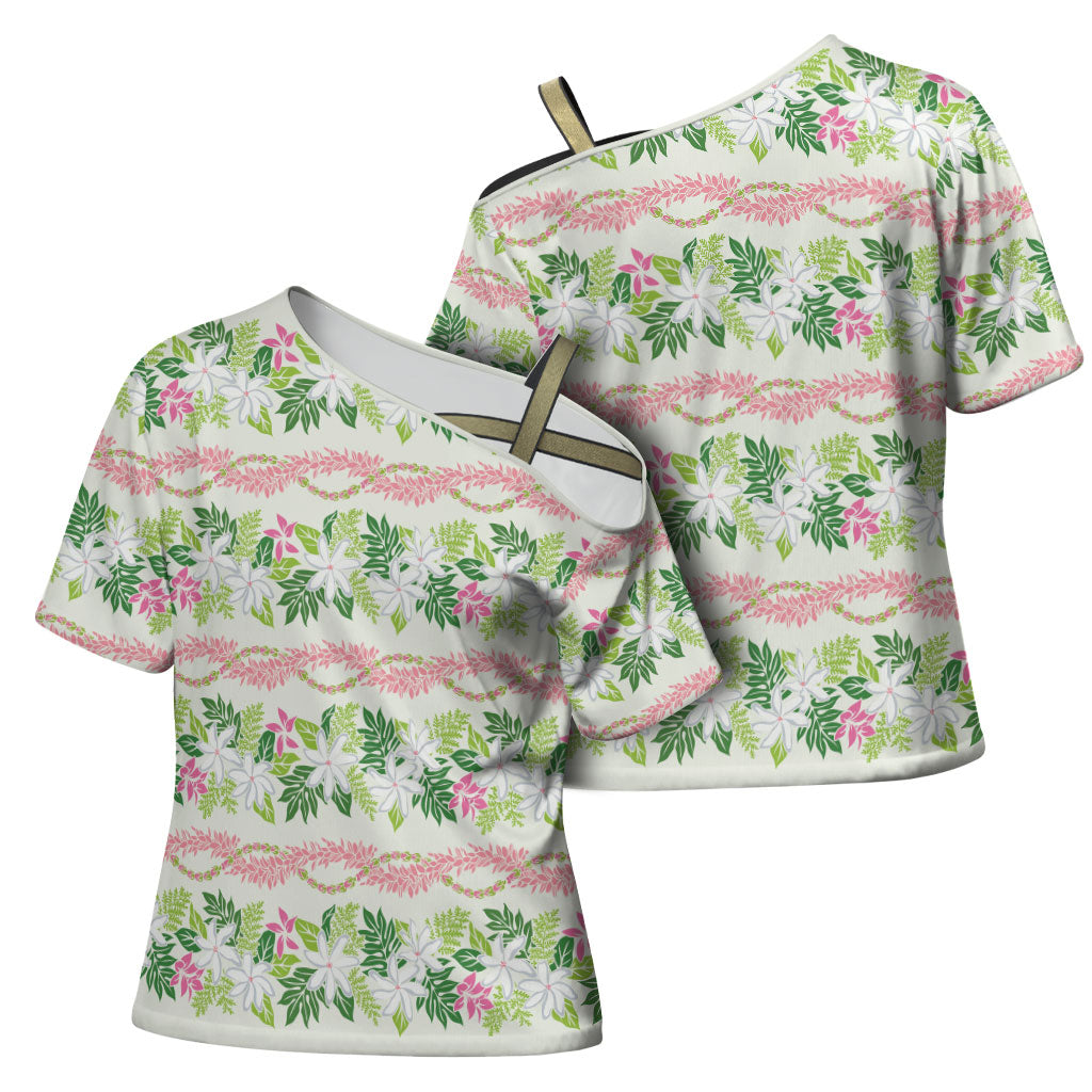 Monstera Tiare Plumeria Lei Pattern Cross Shoulder Shirt Green Version