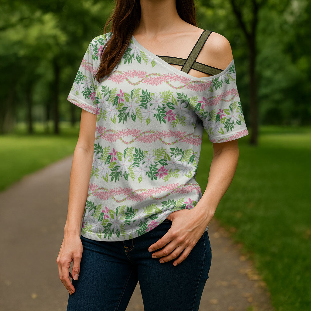 Monstera Tiare Plumeria Lei Pattern Cross Shoulder Shirt Green Version
