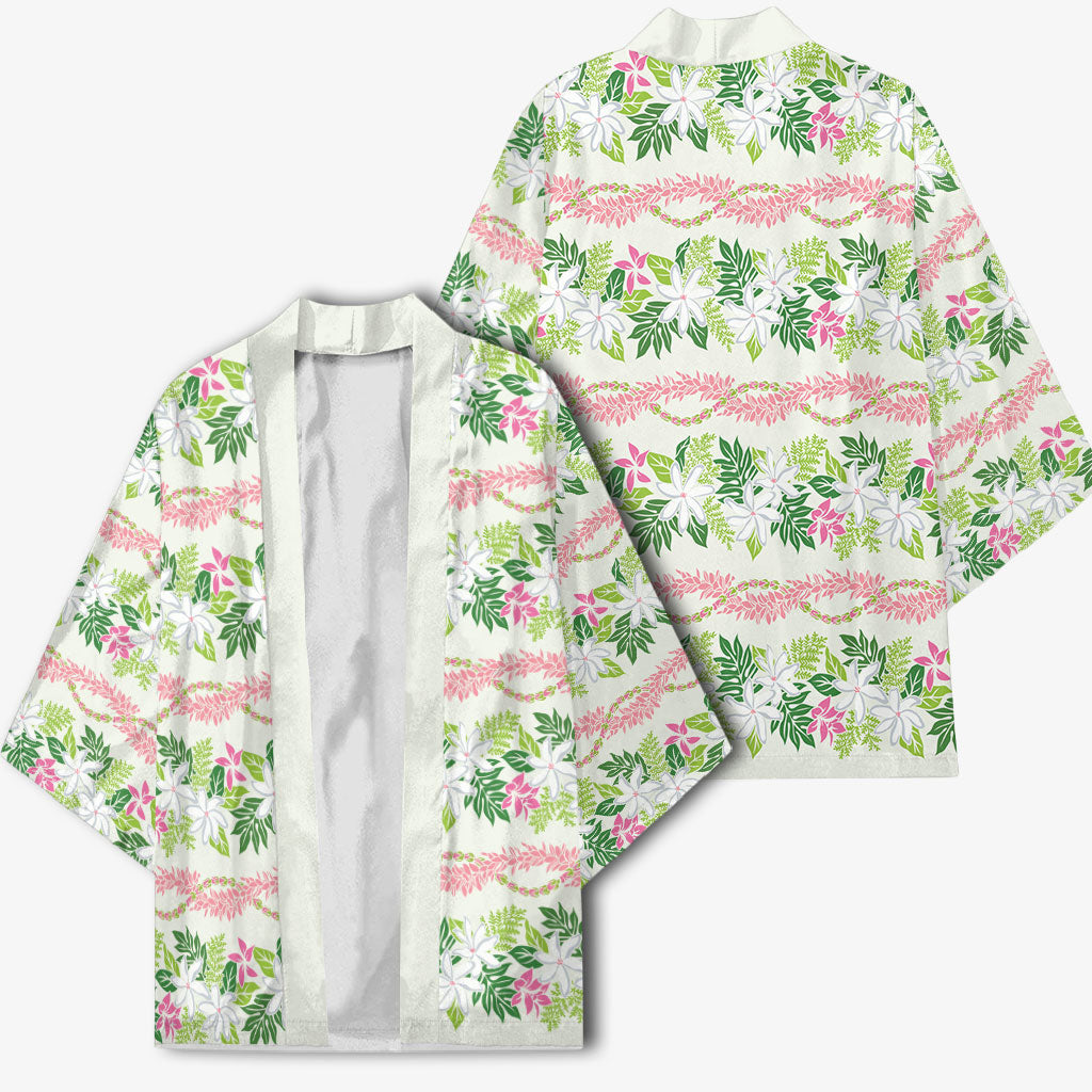 Monstera Tiare Plumeria Lei Pattern Kimono Green Version