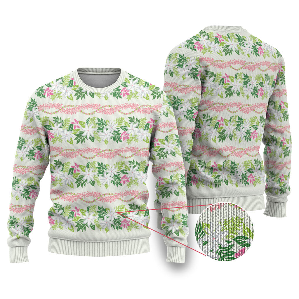 Monstera Tiare Plumeria Lei Pattern Ugly Christmas Sweater Green Version
