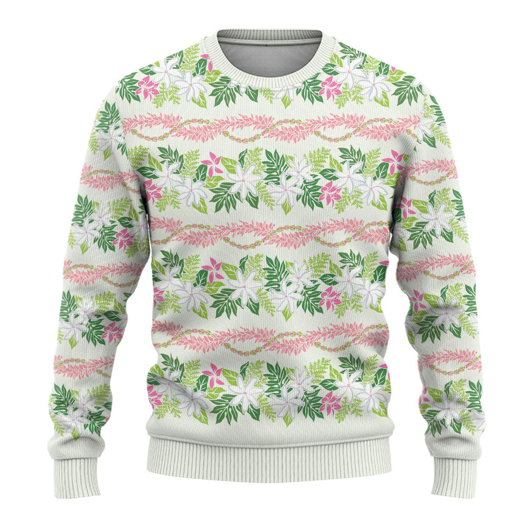 Monstera Tiare Plumeria Lei Pattern Ugly Christmas Sweater Green Version