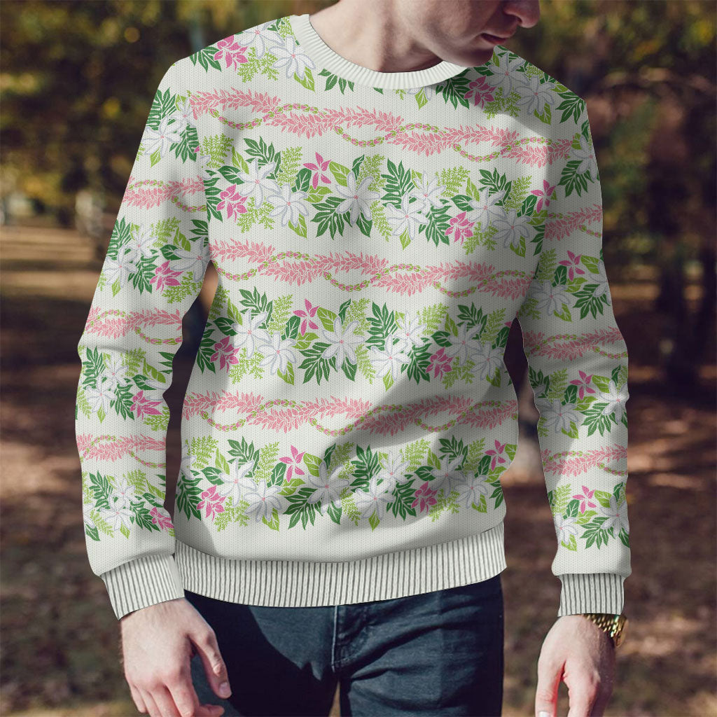 Monstera Tiare Plumeria Lei Pattern Ugly Christmas Sweater Green Version